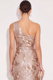Sparkly Golden Sheath One Shoulder Sequins Ruched Maxi Formal Dress