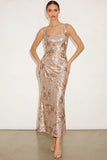 Sparkly Golden Sequin Mermaid Thick Straps Floral Long Formal Dress