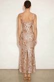 Sparkly Golden Sequin Mermaid Thick Straps Floral Long Formal Dress