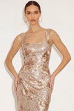 Sparkly Golden Sequin Mermaid Thick Straps Floral Long Formal Dress