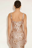 Sparkly Golden Sequin Mermaid Thick Straps Floral Long Formal Dress