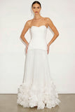 White Strapless Pleated A-Line Long Formal Dress with Ruffles