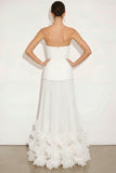 White Strapless Pleated A-Line Long Formal Dress with Ruffles