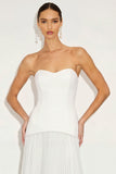 White Strapless Pleated A-Line Long Formal Dress with Ruffles