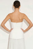 White Strapless Pleated A-Line Long Formal Dress with Ruffles