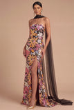 Sparkly Sequins Black Floral Strapless Long Mermaid Formal Dress with Neck Scarf