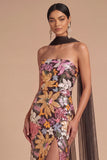 Sparkly Sequins Black Floral Strapless Long Mermaid Formal Dress with Neck Scarf