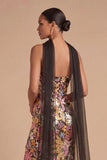 Sparkly Sequins Black Floral Strapless Long Mermaid Formal Dress with Neck Scarf
