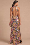 Black Sparkly Sequins Keyhole High Neck Mermaid Long Formal Dress with Slit