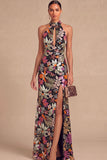 Black Sparkly Sequins Keyhole High Neck Mermaid Long Formal Dress with Slit