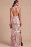 Black Sparkly Sequins Keyhole High Neck Mermaid Long Formal Dress with Slit