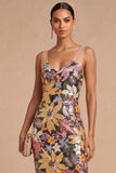 Sparkly Black Floral Sequins Thick Straps Mermaid Long Formal Dress