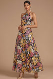 Black Floral Sparkly Sequins Long A-Line Spaghetti Straps Formal Dress