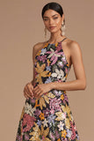 Black Floral Sparkly Sequins Long A-Line Spaghetti Straps Formal Dress