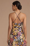 Black Floral Sparkly Sequins Long A-Line Spaghetti Straps Formal Dress
