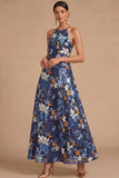 Black Floral Sparkly Sequins Long A-Line Spaghetti Straps Formal Dress