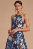 Black Floral Sparkly Sequins Long A-Line Spaghetti Straps Formal Dress