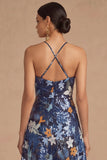 Black Floral Sparkly Sequins Long A-Line Spaghetti Straps Formal Dress