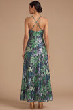 Black Floral Sparkly Sequins Long A-Line Spaghetti Straps Formal Dress