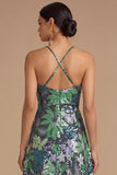 Black Floral Sparkly Sequins Long A-Line Spaghetti Straps Formal Dress