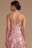 Black Floral Sparkly Sequins Long A-Line Spaghetti Straps Formal Dress