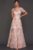 Pink Floral Illusion Neck A-Line Long Formal Dress with Sleeves