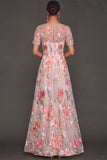 Pink Floral Illusion Neck A-Line Long Formal Dress with Sleeves