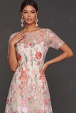 Pink Floral Illusion Neck A-Line Long Formal Dress with Sleeves