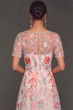 Pink Floral Illusion Neck A-Line Long Formal Dress with Sleeves