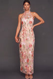 Pink Floral High Neck Mermaid Long Formal Dress with Slit