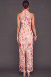 Pink Floral High Neck Mermaid Long Formal Dress with Slit