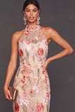 Pink Floral High Neck Mermaid Long Formal Dress with Slit