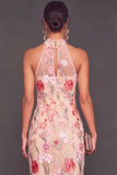 Pink Floral High Neck Mermaid Long Formal Dress with Slit