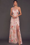Pink Floral One Shoulder A-Line Long Formal Dress with Slit
