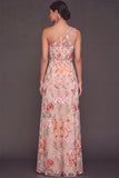Pink Floral One Shoulder A-Line Long Formal Dress with Slit