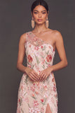 Pink Floral One Shoulder A-Line Long Formal Dress with Slit