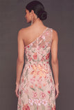 Pink Floral One Shoulder A-Line Long Formal Dress with Slit