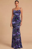 Purple Velvet Floral Ruched Spaghetti Straps Mermaid Long Formal Dress