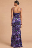 Purple Velvet Floral Ruched Spaghetti Straps Mermaid Long Formal Dress