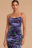 Purple Velvet Floral Ruched Spaghetti Straps Mermaid Long Formal Dress