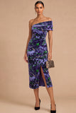 Purple Floral Velvet Ruched One Shoulder Midi Formal Dress with Slit