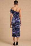 Purple Floral Velvet Ruched One Shoulder Midi Formal Dress with Slit