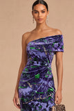 Purple Floral Velvet Ruched One Shoulder Midi Formal Dress with Slit