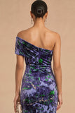 Purple Floral Velvet Ruched One Shoulder Midi Formal Dress with Slit