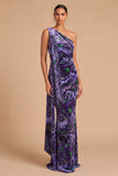 Purple Velvet Floral Ruched Mermaid Long Formal Dress with Side Cape