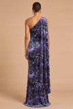 Purple Velvet Floral Ruched Mermaid Long Formal Dress with Side Cape