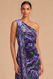 Purple Velvet Floral Ruched Mermaid Long Formal Dress with Side Cape