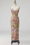 Apricot Floral Thick Straps Mermaid Long Formal Dress with Slit