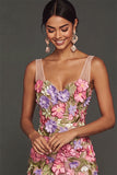 Apricot Floral Thick Straps Mermaid Long Formal Dress with Slit