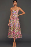 Apricot Floral Strapless A-Line Midi Formal Dress with Appliques